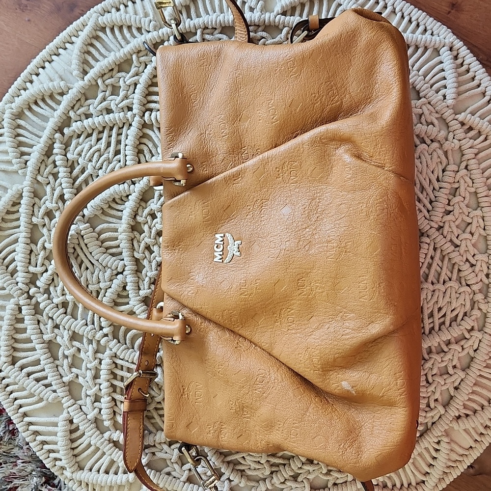 MCM Cognac Tan Leather Satchel with Top Handles